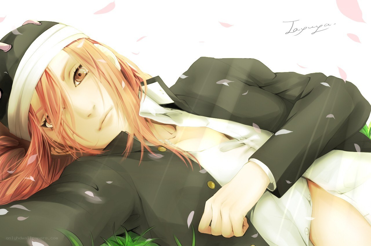 Anime character lying in grass