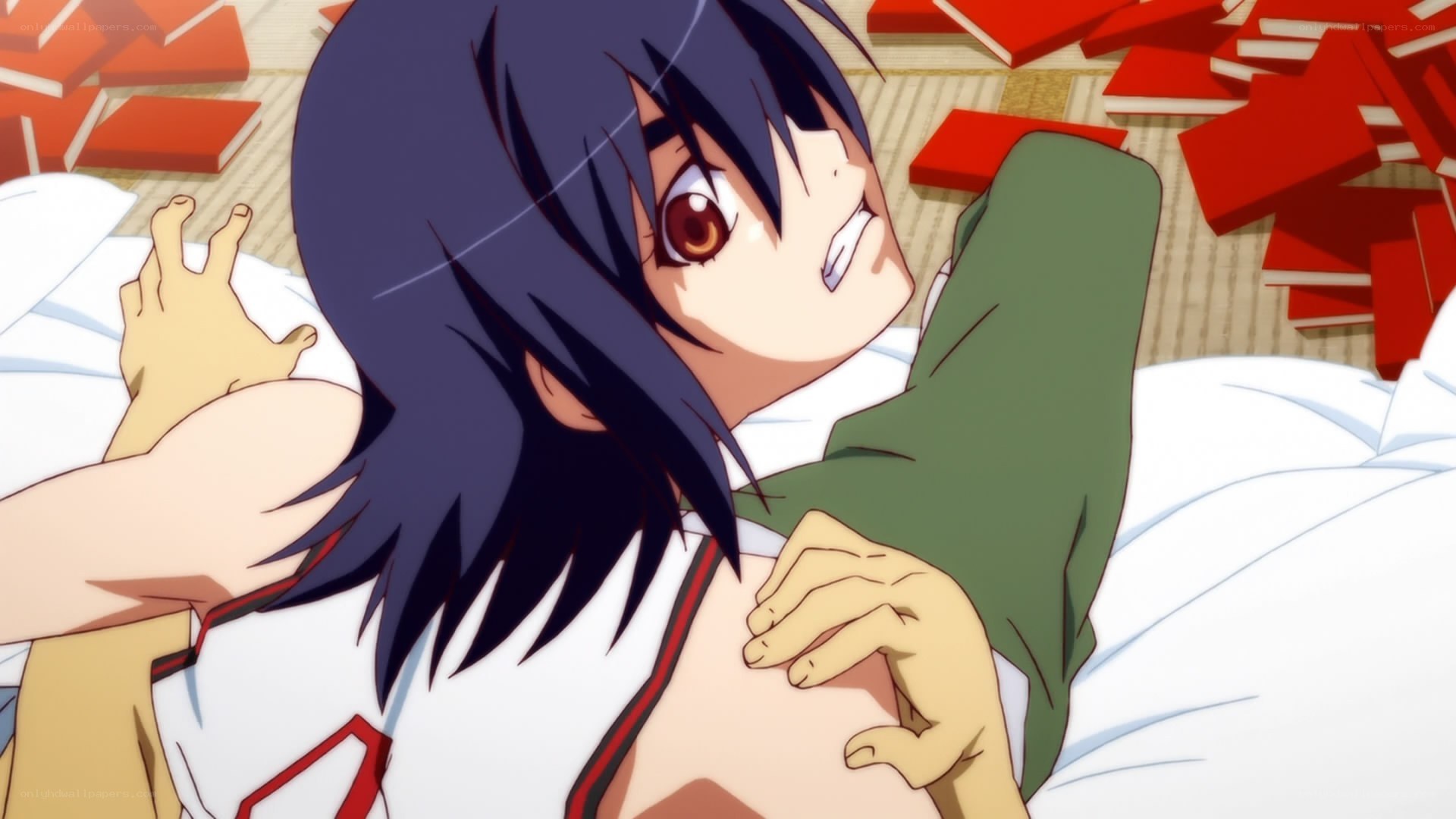 anime character lying on bed