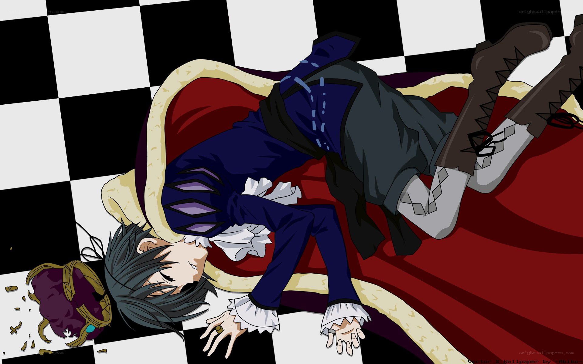 Anime character lying on checkered floor