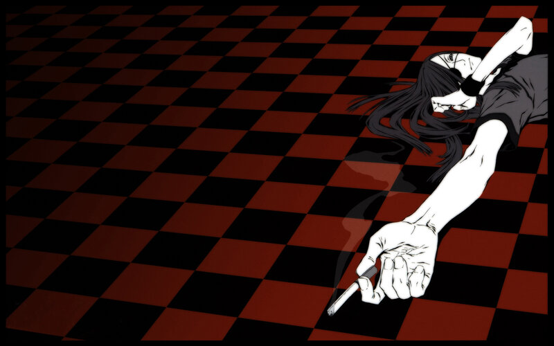 Anime character lying on checkered floor