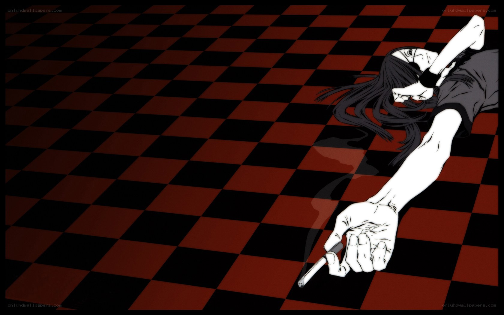 Anime character lying on checkered floor