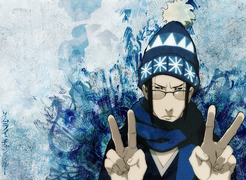 Anime Character Making Peace Signs — Blue, Cool, Winter, Glasses