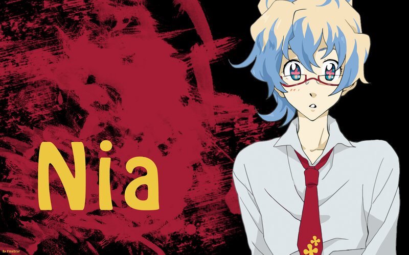 Anime character Nia with red background