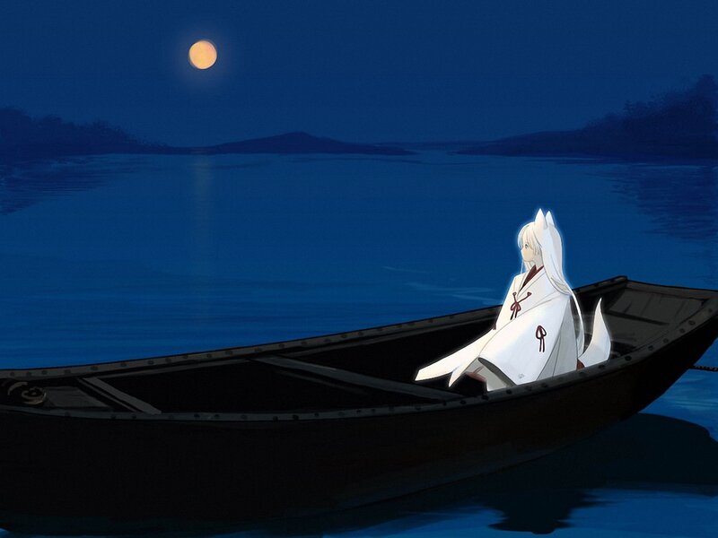 Anime character on a boat at night