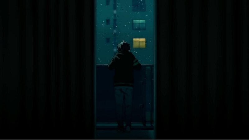 Anime Character on Balcony — Blue, Melancholic