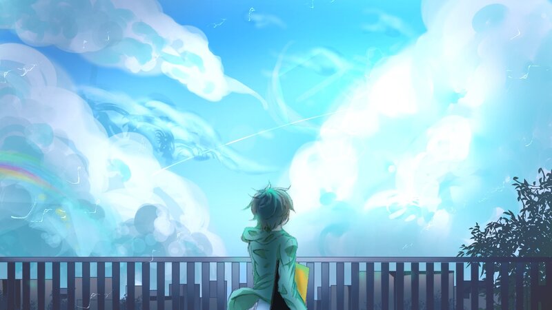Anime Character on Balcony — Blue, Serene, Afternoon