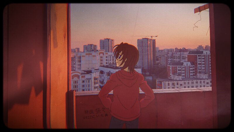 Anime Character on Balcony — Orange, Contemplative
