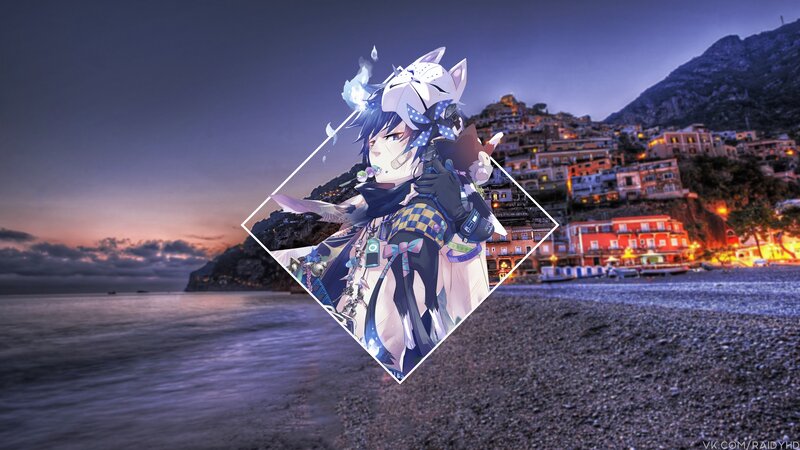 Anime Character on Beach — Blue, Dramatic, Sunset