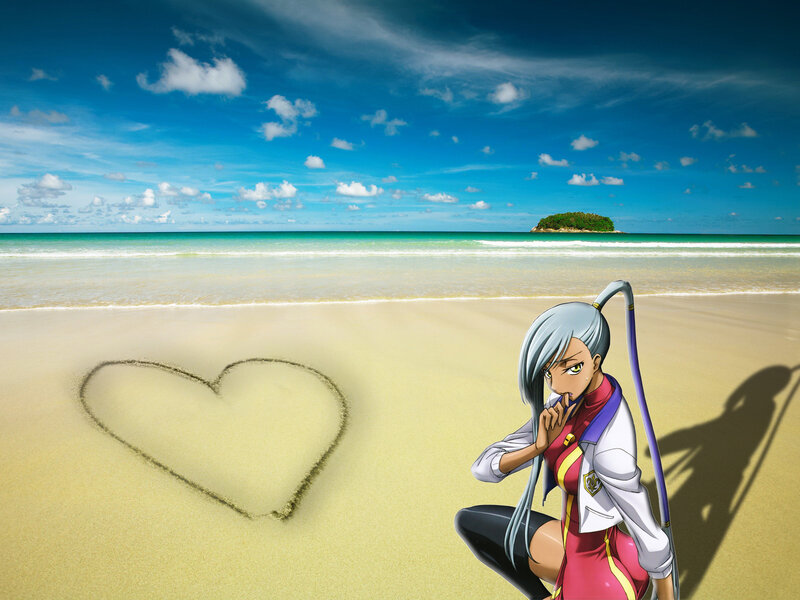 Anime Character on Beach — Blue, Serene, Afternoon
