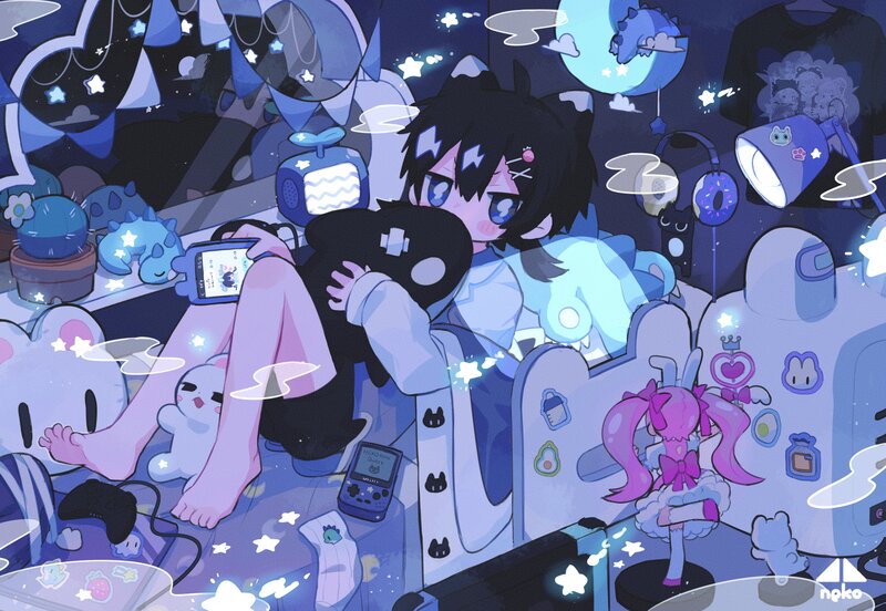 Anime Character on Bed — Blue, Dreamy