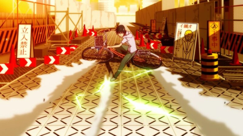 Anime character on bicycle at construction site