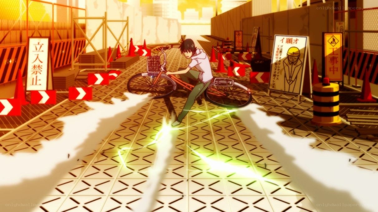 Anime character on bicycle at construction site