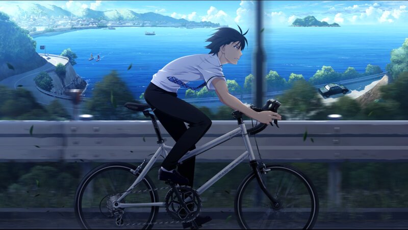Anime Character on Bicycle — Blue, Serene, Afternoon