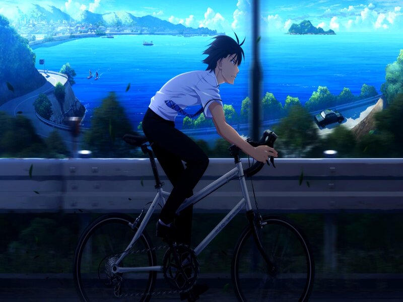 Anime Character on Bicycle — Blue, Serene