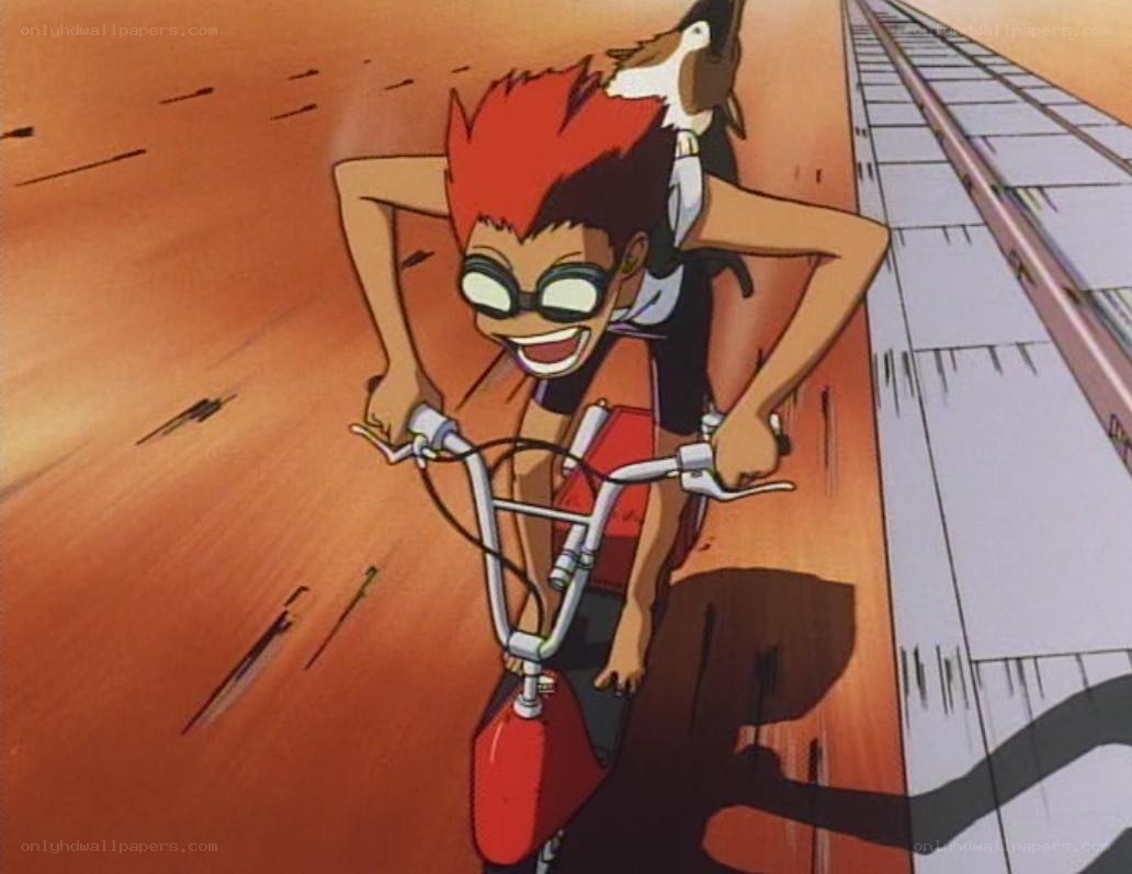 anime character on bicycle