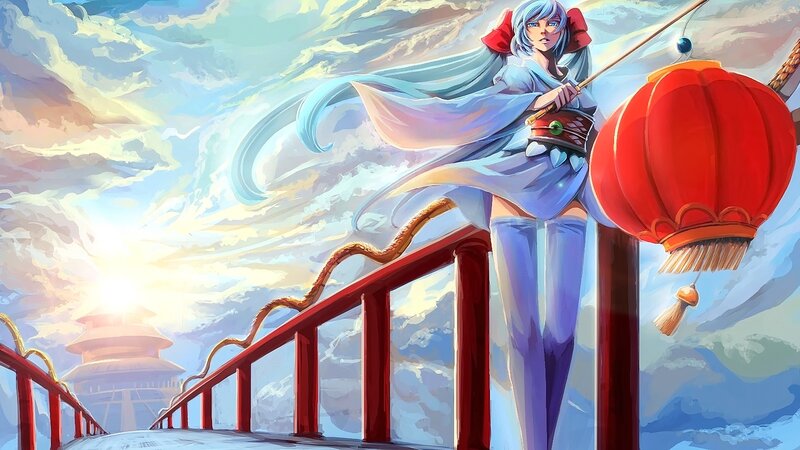 Anime Character on Bridge — Blue, Dramatic, Sunset