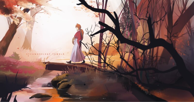 Anime Character on Bridge — Orange, Serene