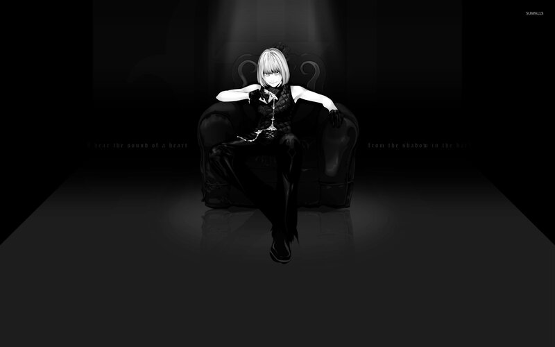 Anime Character on Chair — Black, Dramatic, Night