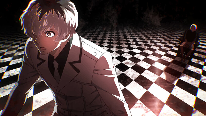 Anime Character on Checkered Floor — Black, Dramatic, Checkered Floor