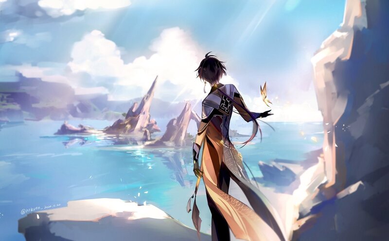 Anime Character on Cliff — Blue, Serene