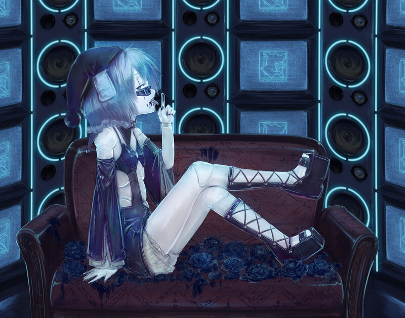 Anime Character on Couch — Blue, Dark