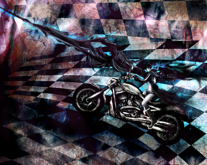 Anime Character on Motorcycle — Black, Dramatic, Digital Art, Wings