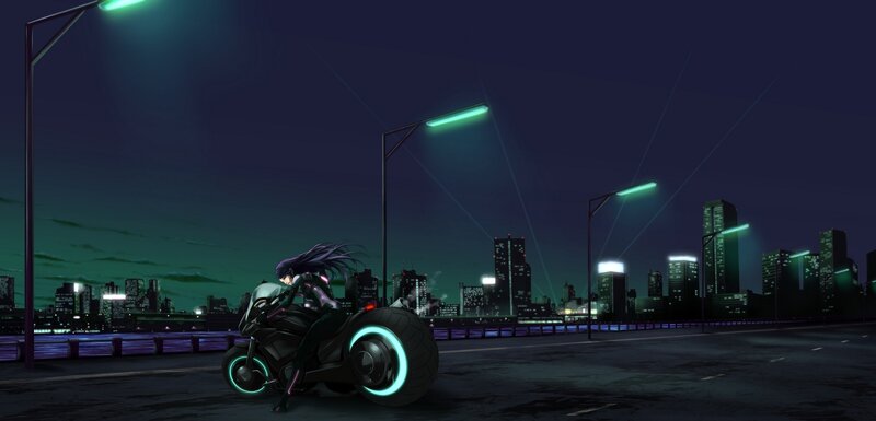 Anime Character on Motorcycle — Black, Dramatic, Night, City Skyline