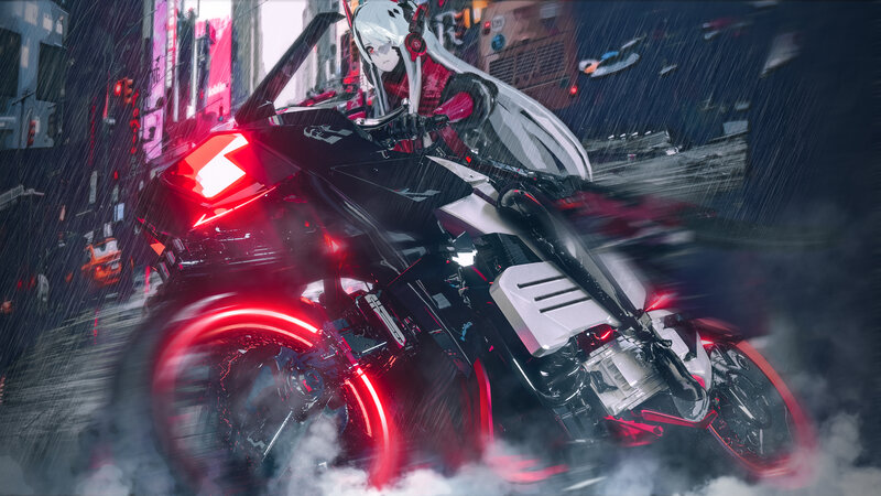 Anime Character on Motorcycle — Black, Dramatic, Night, Digital Art, Rain