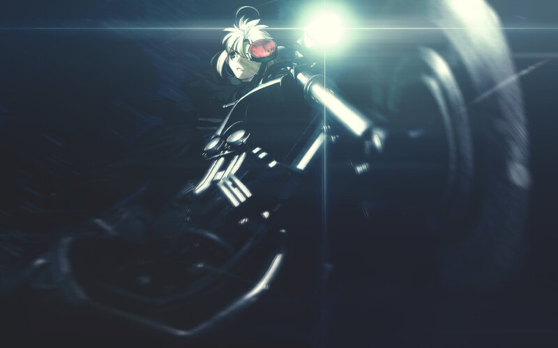 Anime Character on Motorcycle — Black, Dramatic