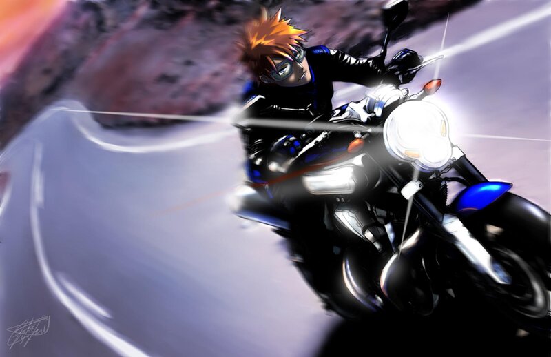 Anime Character on Motorcycle — Black, Dynamic