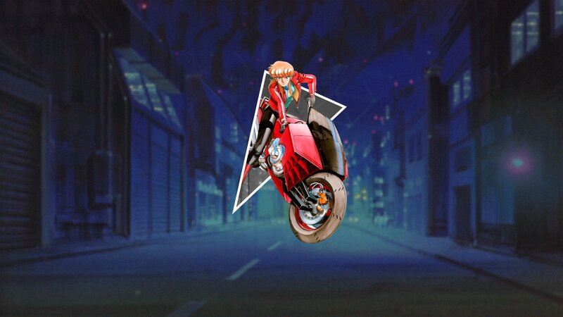Anime Character on Motorcycle — Blue, Dramatic, Night, City Street