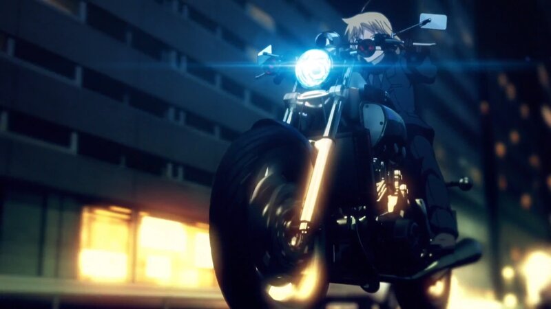 Anime Character on Motorcycle — Blue, Dramatic, Night, City