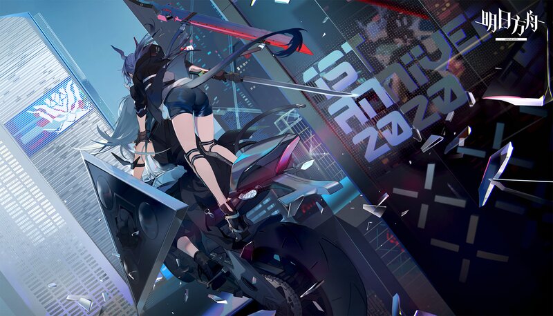 Anime Character on Motorcycle — Blue, Dramatic, Night, Digital Art, Cityscape