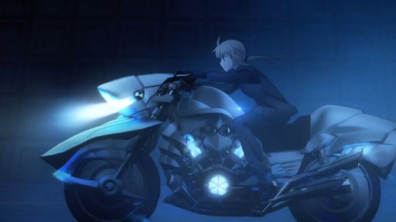 Anime Character on Motorcycle — Blue, Dramatic, Night, Headlight