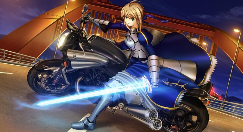 Anime Character on Motorcycle — Blue, Dramatic, Night
