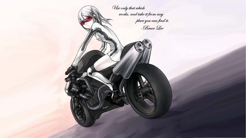 Anime Character on Motorcycle — White, Dynamic, Digital Art