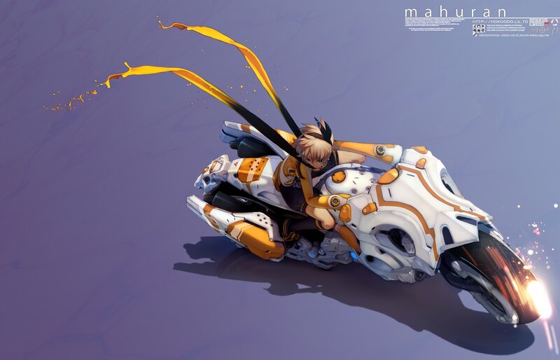 Anime Character on Motorcycle — White, Dynamic, Digital Art, Yellow Stream