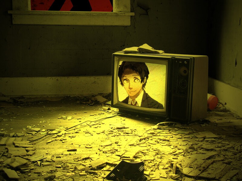 Anime character on old TV in ruin