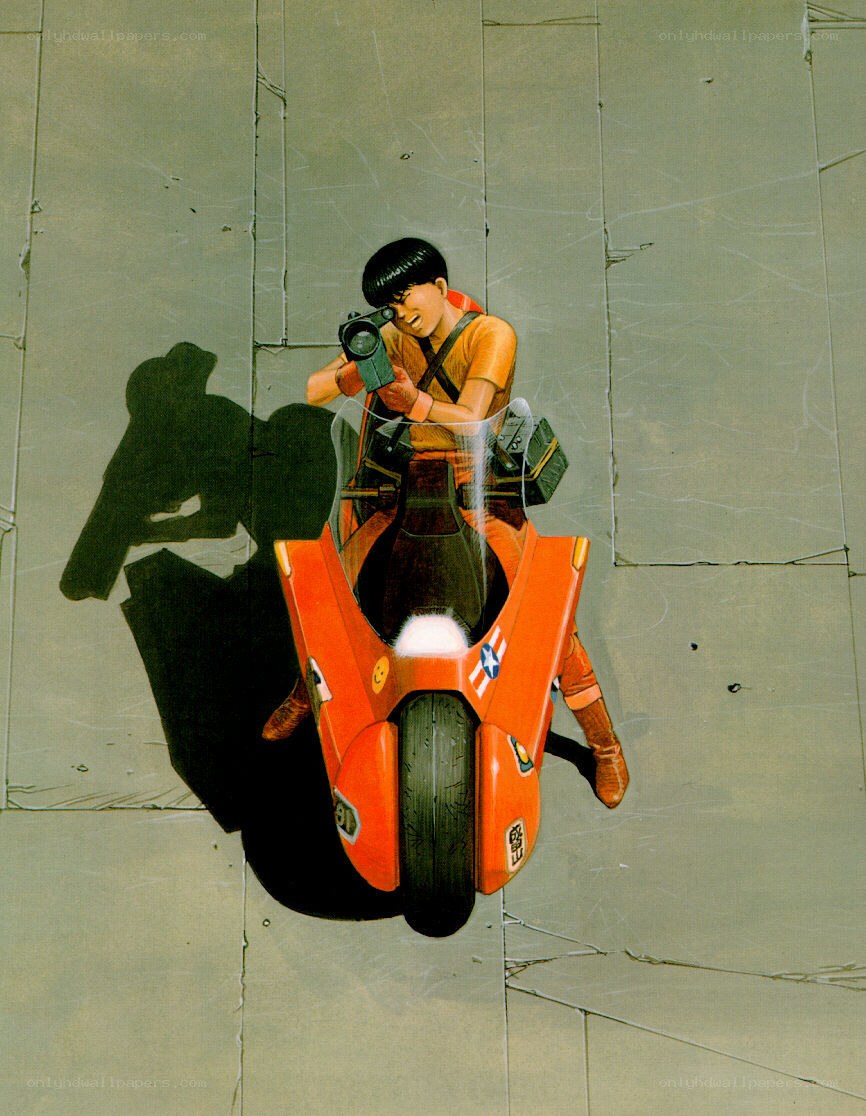 Anime character on orange motorcycle