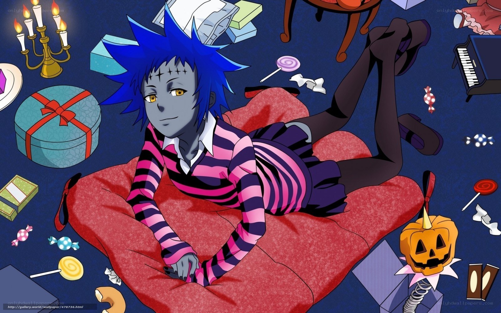 anime character on red cushion