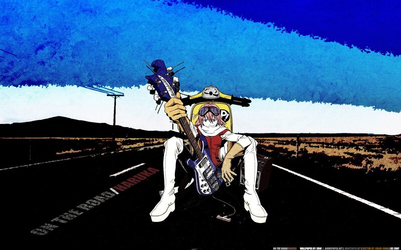 Anime character on road with bass guitar