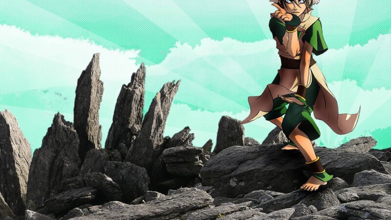 Anime Character on Rocks — Green, Dramatic