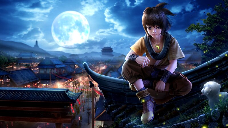 Anime Character on Roof — Blue, Dramatic