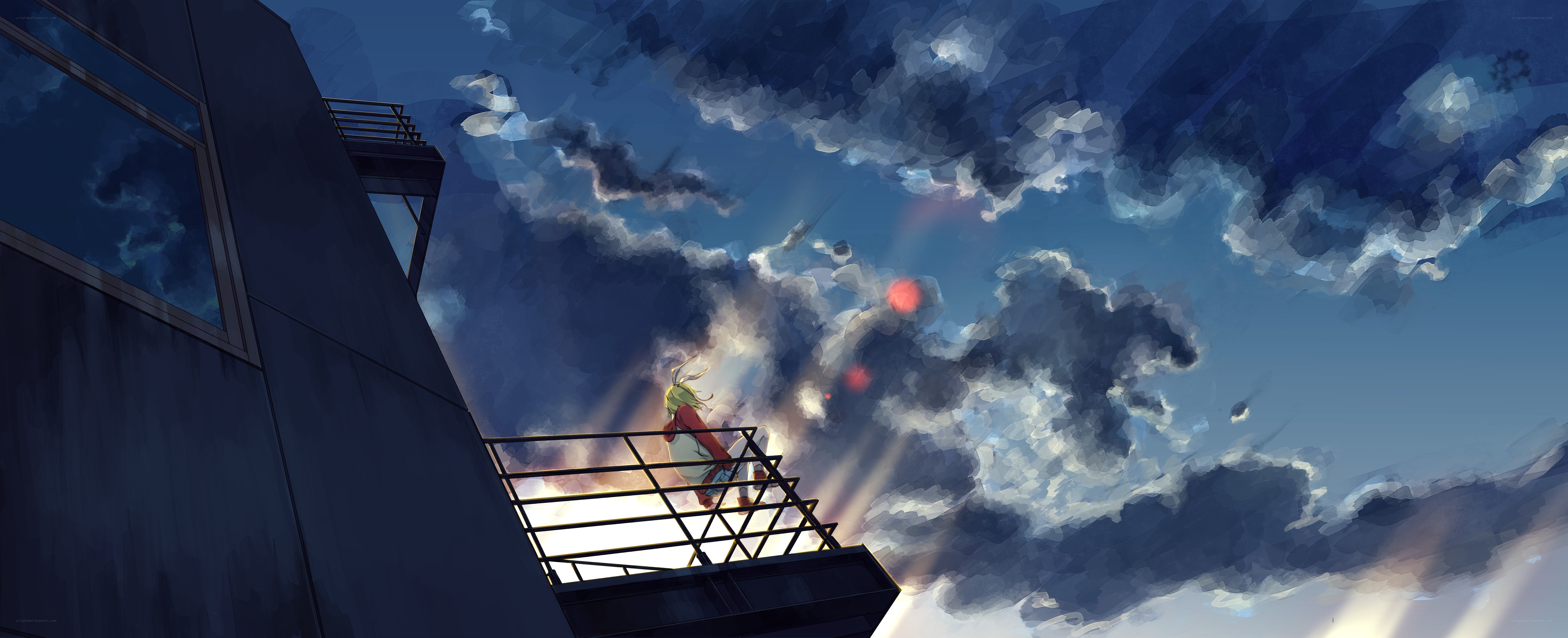 Anime character on rooftop at dusk