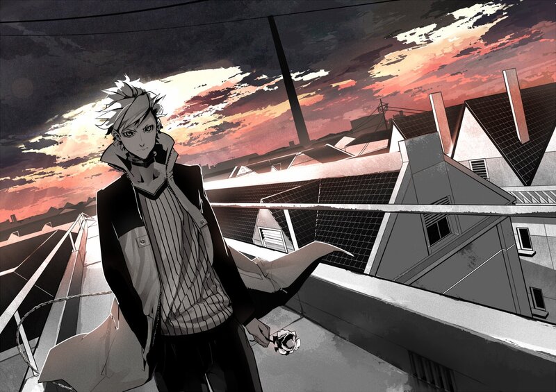 anime character on rooftop at sunset