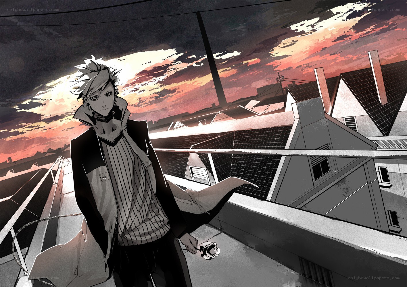 anime character on rooftop at sunset