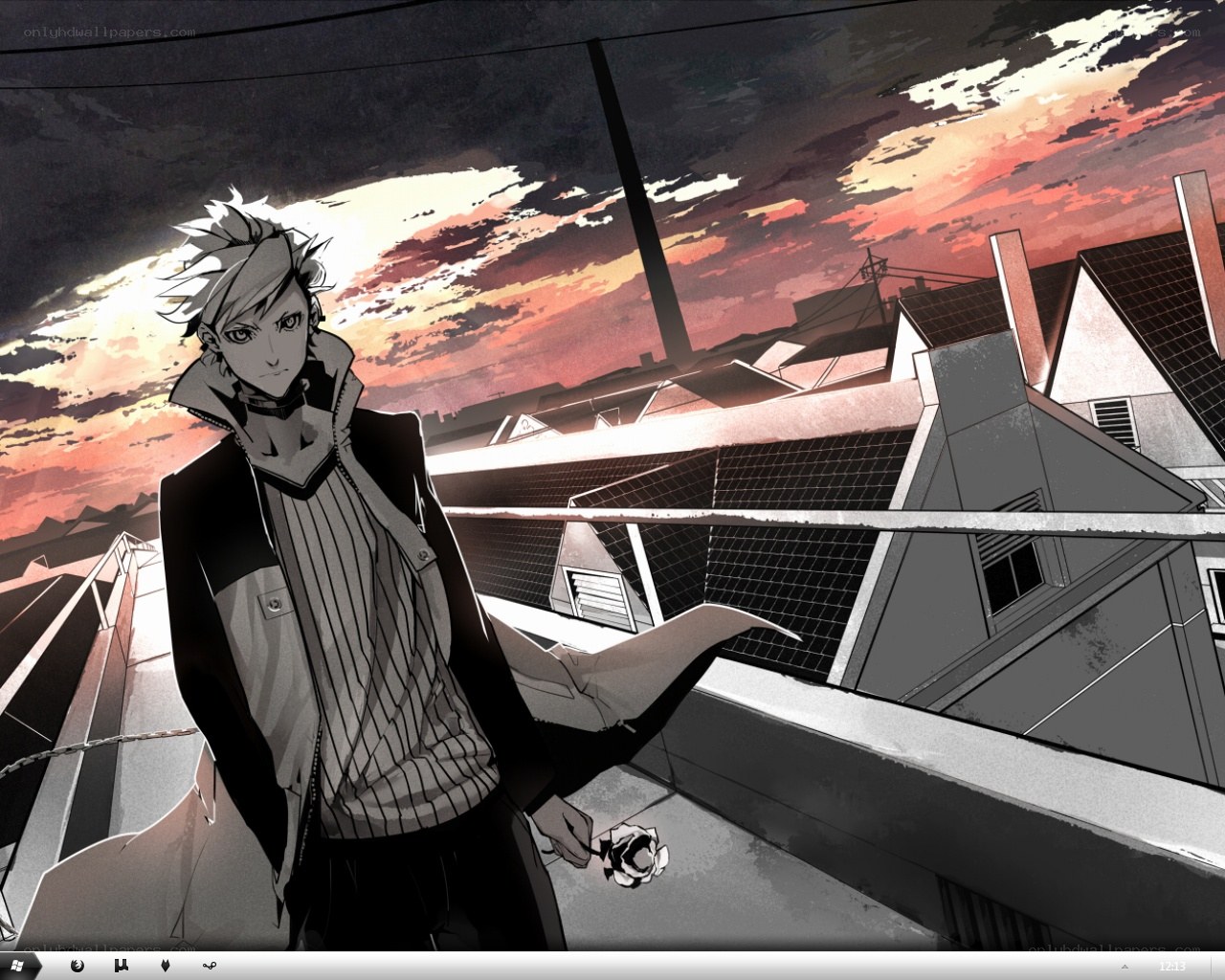 anime character on rooftop at sunset