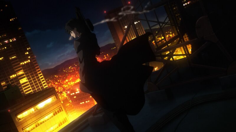 Anime Character on Rooftop — Black, Dramatic, Night, Cityscape, Skyscraper