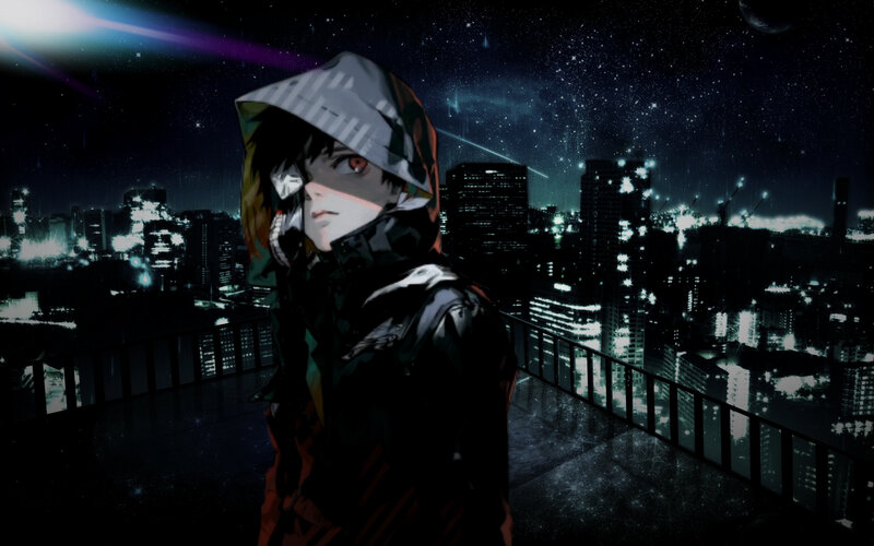 Anime Character on Rooftop — Black, Dramatic, Night, Digital Art