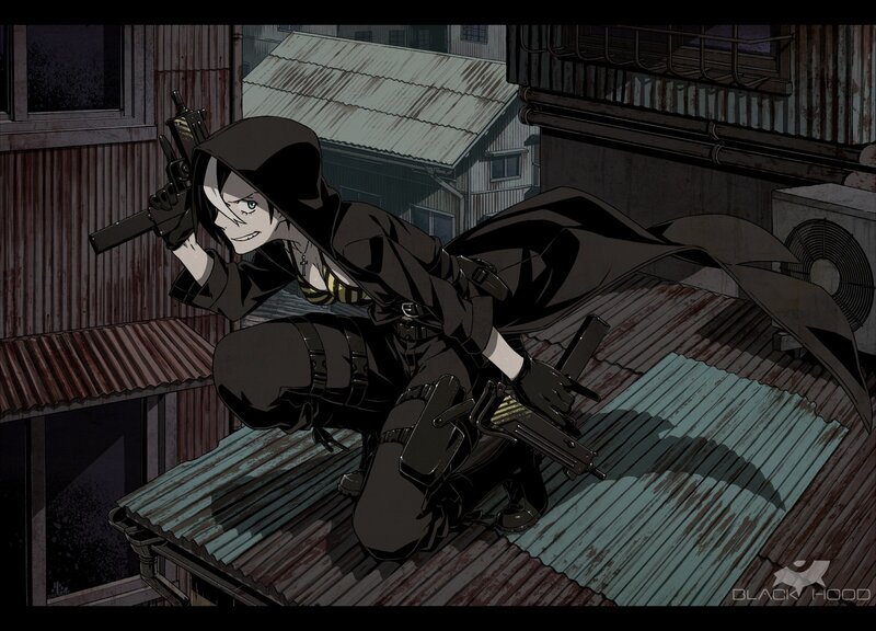 Anime Character on Rooftop — Black, Dramatic, Night, Gun
